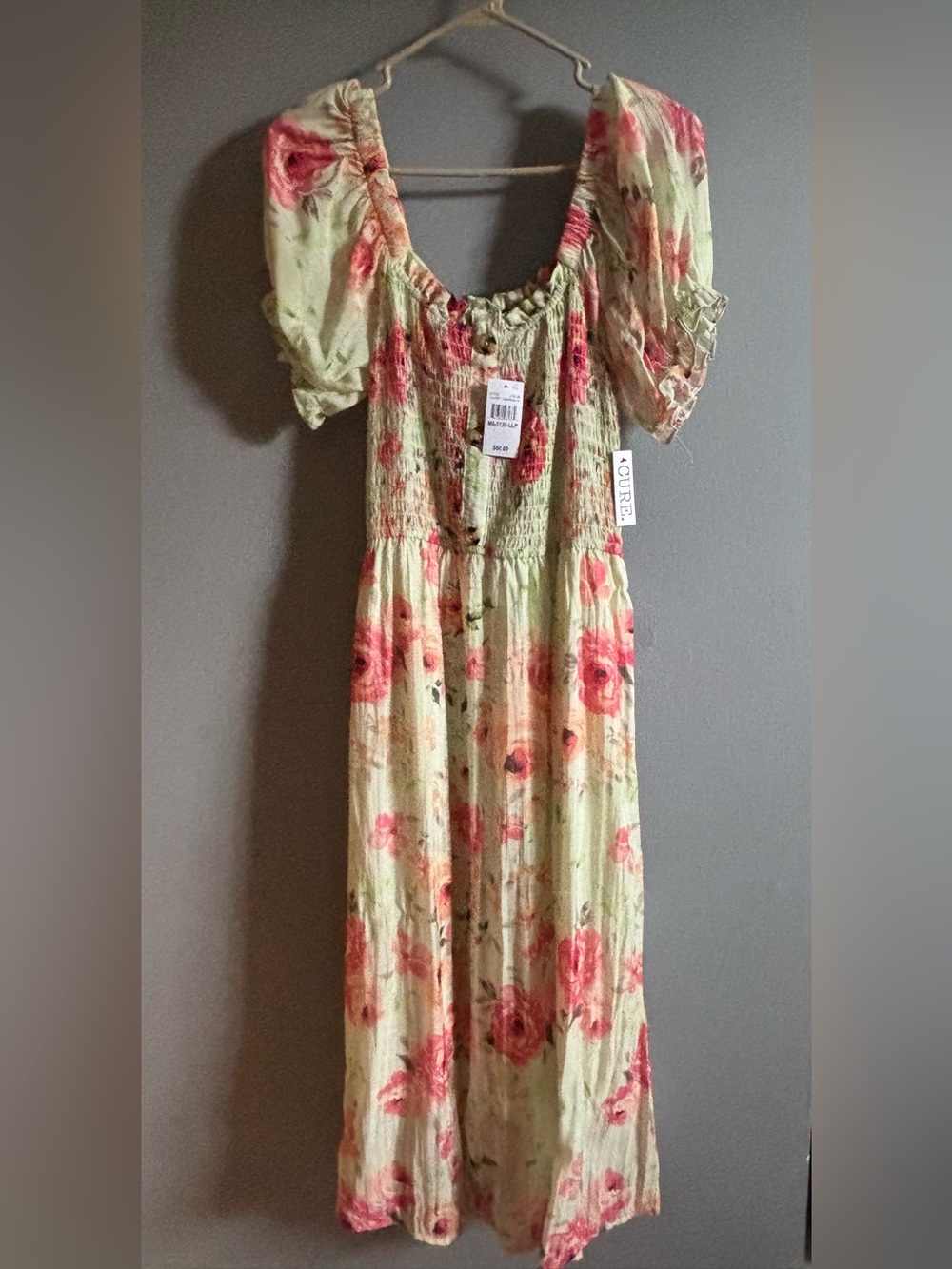 The CURE Floral Puff-Sleeve Women’s Dress in Light Green with Pink Roses NWT